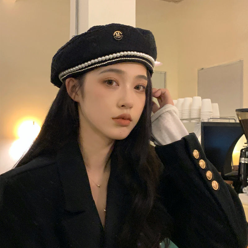 Beret French Wool - W102冬のバーネット、チェーン、パール、ヘップバーンスタイルの帽子、フランスのエレガントなネットレッド、レトロなエレガントなベレー、女性