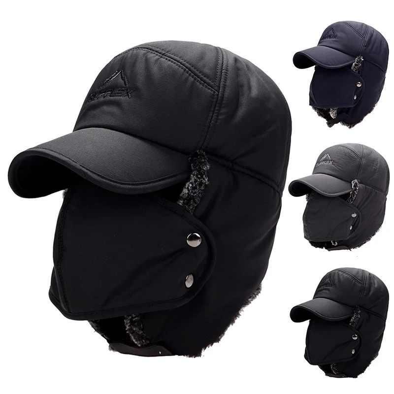 Winter Trapper Hat - 冬用ファー暖かい防風帽子 男女兼用 雷鋒帽 ボンバーフェイクファー耳当て付き帽子 ブラック スキー帽