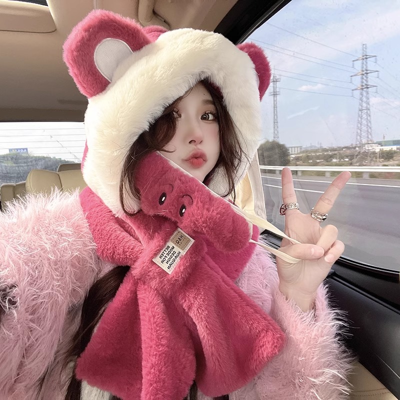 Trapper Hat Ear Flap - キュートなクマの帽子とスカーフが一体となった女性用帽子、冬用フリーストラッパーハット（耳当て付き）、暖かいサイクリング・スキー用防風ネックウォーマー