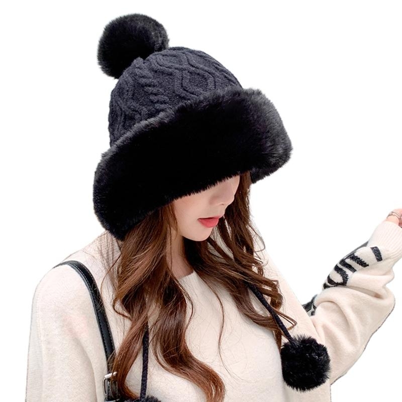 Trapper Hat Ear Flap - 女性の冬暖かい厚みの豪華なケーブルニット帽子無地かわいいポンポン防風雪スキー耳介トラッパーキャップ