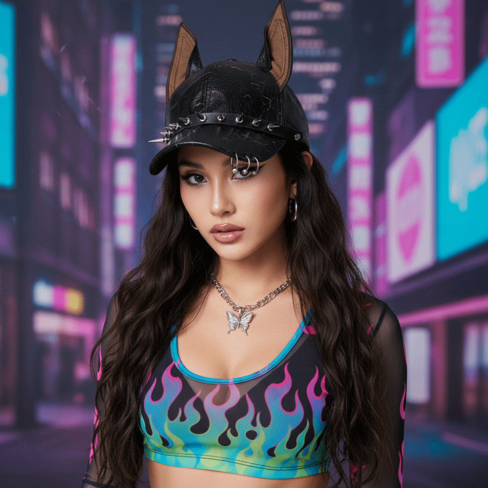 Baseball Cap Structured - ファッションパンクドーベルマン犬耳野球帽調整可能PUサンシェードヒップホップ帽子y2kスパイスガールレザーリベット帽子男女兼用