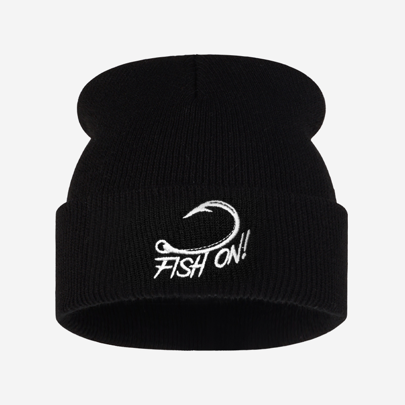 Beanie Cuffed Knit - アウトドア釣り人向け刺繍入りビーニー、釣り針モチーフの折り返しニット帽、男性用暖かい冬用帽子、湖やボートでの釣りに最適なギフト