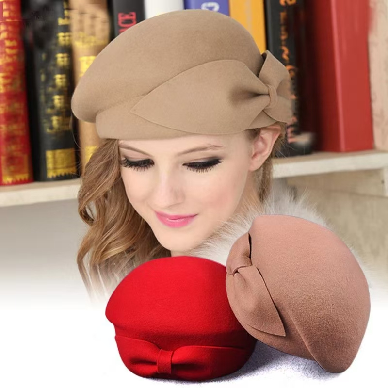 Beret French Wool - ウールヴィンテージ暖かいウール冬ベレー帽女性スチュワーデスキャップフランスアーティストビーニー帽スウィートガールギフトキャップ
