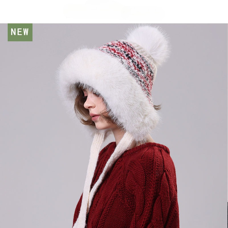 Trapper Hat Ear Flap - レディースファジーニットトラッパーハット、ファーのポンポンと耳当て付き、冬用暖かいロシア風ビーニー、居心地の良いアウトドアスキーキャップ