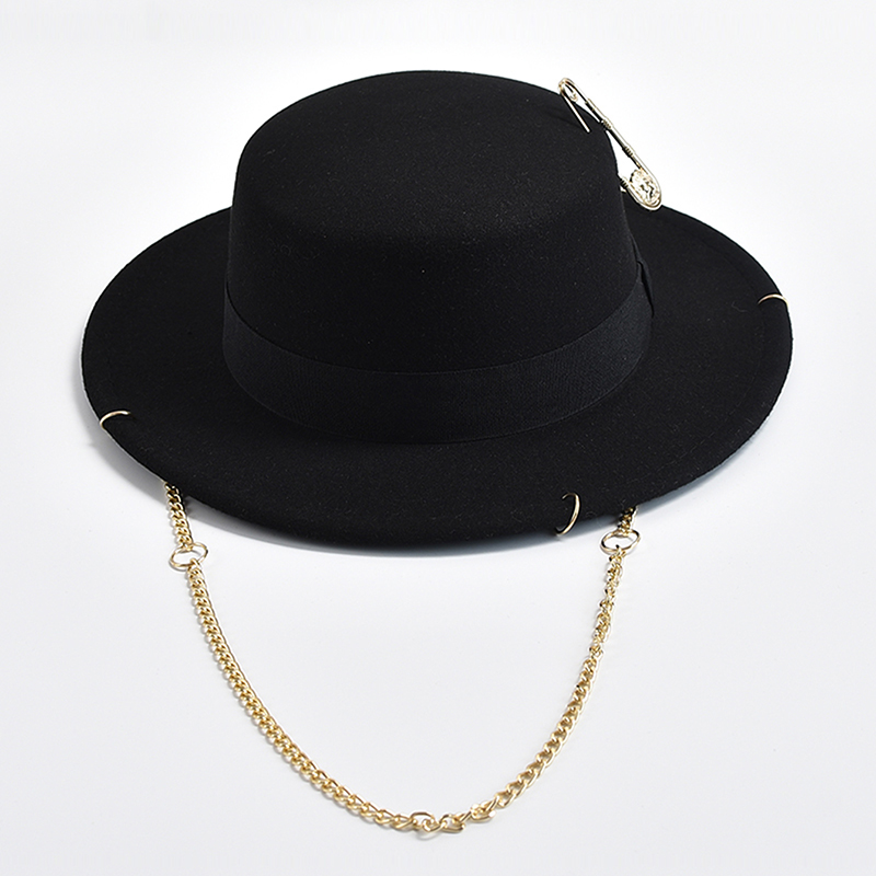 Fedora Hat Wool - 新しいファッション Desige フェドーラ帽子女性男性金属チェーン装飾ジャズ帽子パーティー教会キャップ