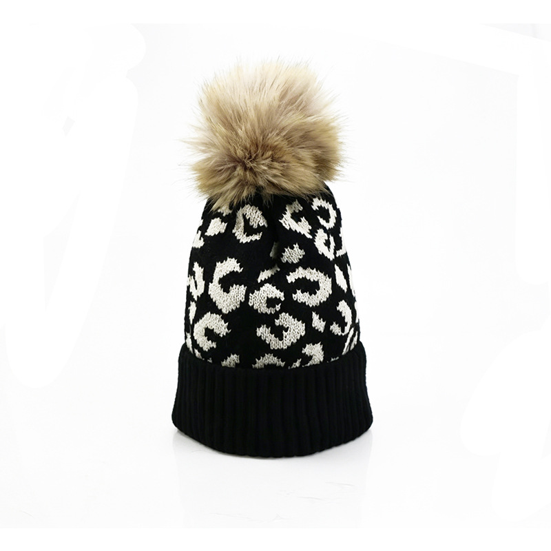 秋冬用レオパード柄ポンポン付きニット帽、欧米風、折り返し付き - Beanie Cuffed Knit のレビューと価格