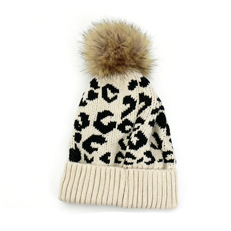 秋冬用レオパード柄ポンポン付きニット帽、欧米風、折り返し付き - Beanie Cuffed Knit のレビューと価格