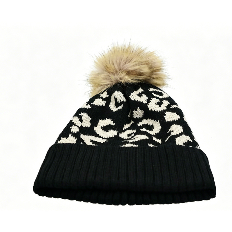 秋冬用レオパード柄ポンポン付きニット帽、欧米風、折り返し付き - Beanie Cuffed Knit のレビューと価格