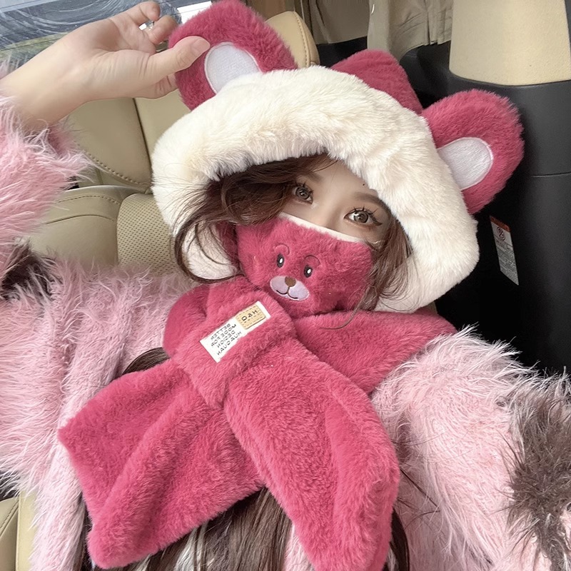 キュートなクマの帽子とスカーフが一体となった女性用帽子、冬用 - Trapper Hat Ear Flap のレビューと価格