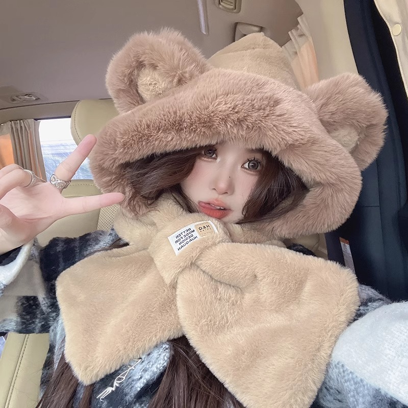 キュートなクマの帽子とスカーフが一体となった女性用帽子、冬用 - Trapper Hat Ear Flap のレビューと価格