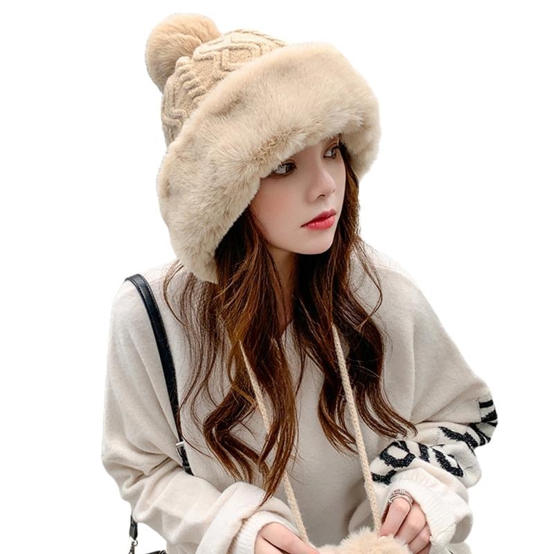 女性の冬暖かい厚みの豪華なケーブルニット帽子無地かわいいポン - Trapper Hat Ear Flap のレビューと価格