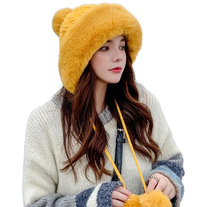 女性の冬暖かい厚みの豪華なケーブルニット帽子無地かわいいポン - Trapper Hat Ear Flap のレビューと価格