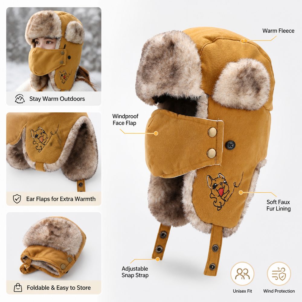 フェイスマスク付きフェイクファー裏地トラッパーハット、暖かい - Trapper Hat Ear Flap のレビューと価格