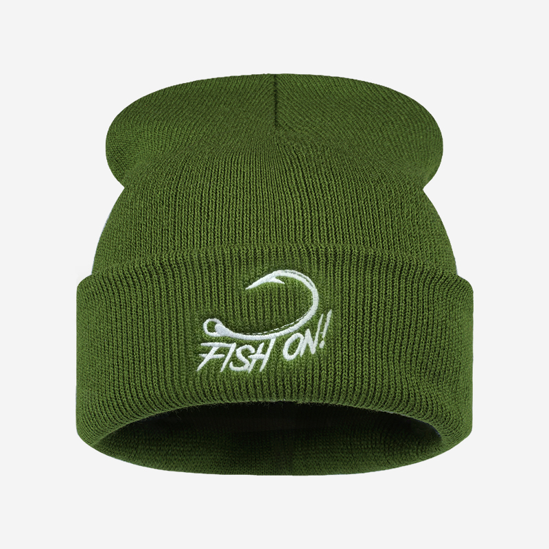 アウトドア釣り人向け刺繍入りビーニー、釣り針モチーフの折り返 - Beanie Cuffed Knit のレビューと価格