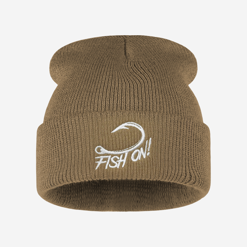 アウトドア釣り人向け刺繍入りビーニー、釣り針モチーフの折り返 - Beanie Cuffed Knit のレビューと価格