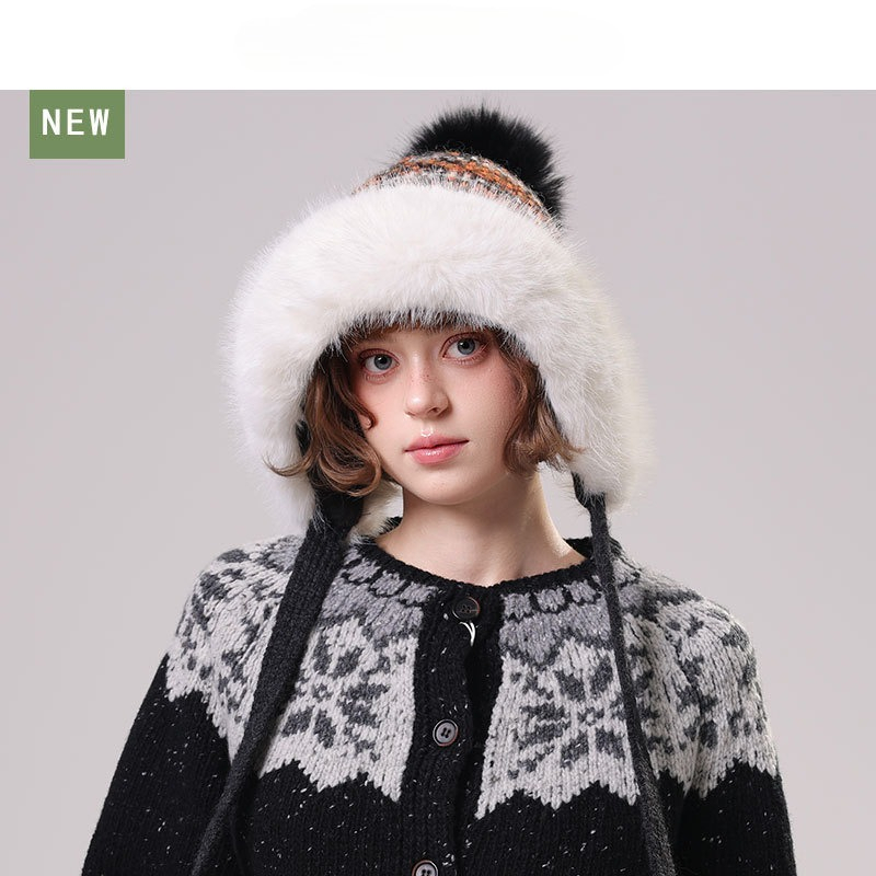レディースファジーニットトラッパーハット、ファーのポンポンと - Trapper Hat Ear Flap のレビューと価格
